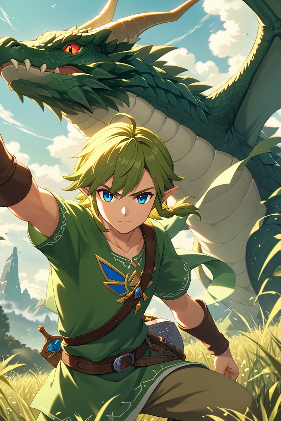 Young male link from legend of zelda in a battle pose, wearing green outfit. There is a dragon in the background