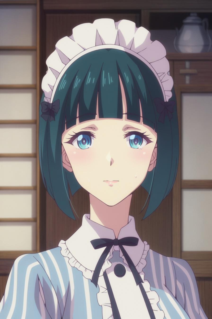 Shiragiku, short hair, blue eyes, blue hair, blunt bangs, bob cut, maid,
