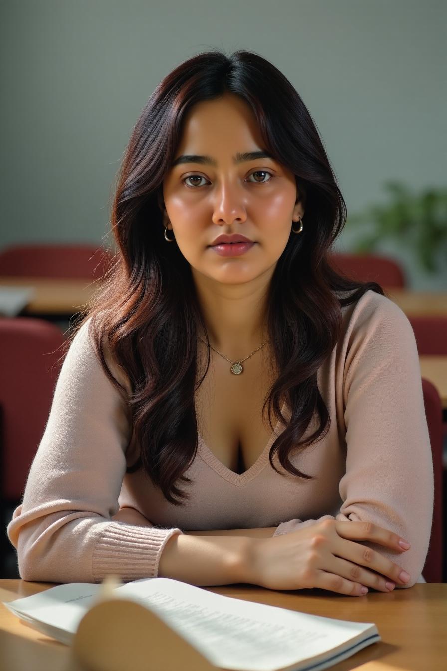 a homely woman sitting in class