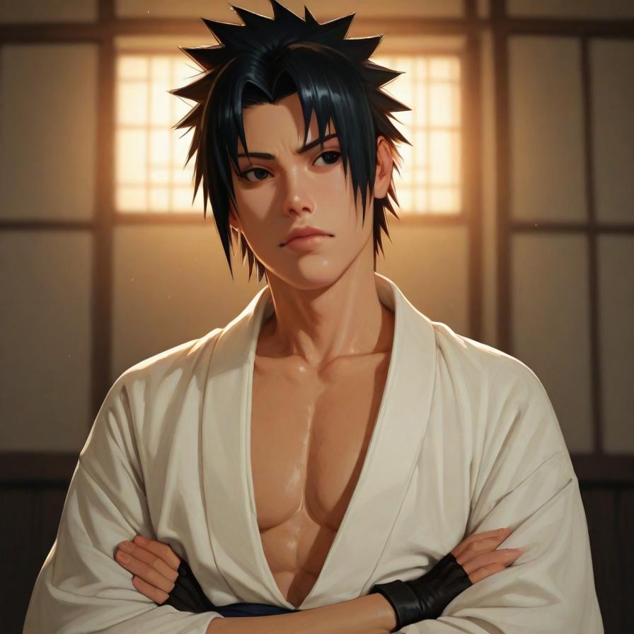 naruto_(series), uchiha sasuke, naruto (series), portrait, staring, black eyes, black hair, short hair, spiked hair, parted bangs, pectorals, collarbone, open kimono, japanese clothes, white kimono, long sleeves, black gloves, fingerless gloves, (sash), crossing arms, turning body, 3/4 profile