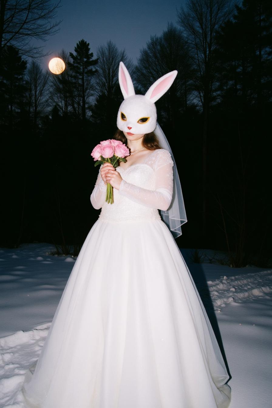 A photograph of a woman in a white wedding dress with a rabbit head mask holding pink flowers. She stands in a snowy forest at night, with a full moon in the background. The image uses natural lighting, with a shallow depth of field, blurring the background. The composition follows the rule of thirds, and the camera angle is eye-level. The image is SFW.
