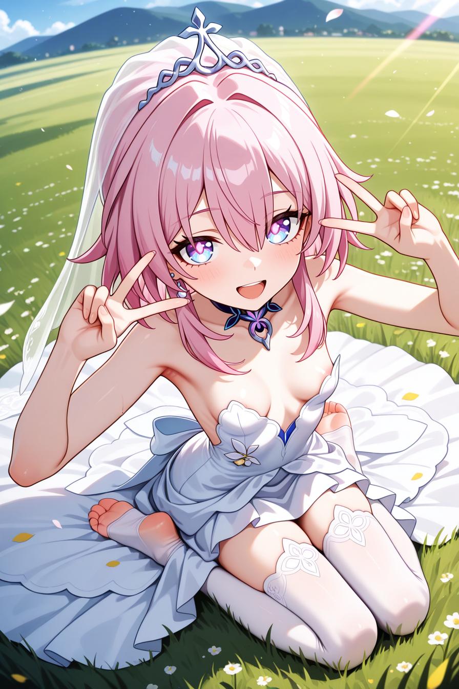 1girl, sitting, grassy field, soles, barefoot,no bra,petite,skinny,toeless_legwear,white thighhighs,indoor, looking_at_viewer,panorama,full_shot,dashed_eyes,wedding_dress,jumping,double_v,happy,