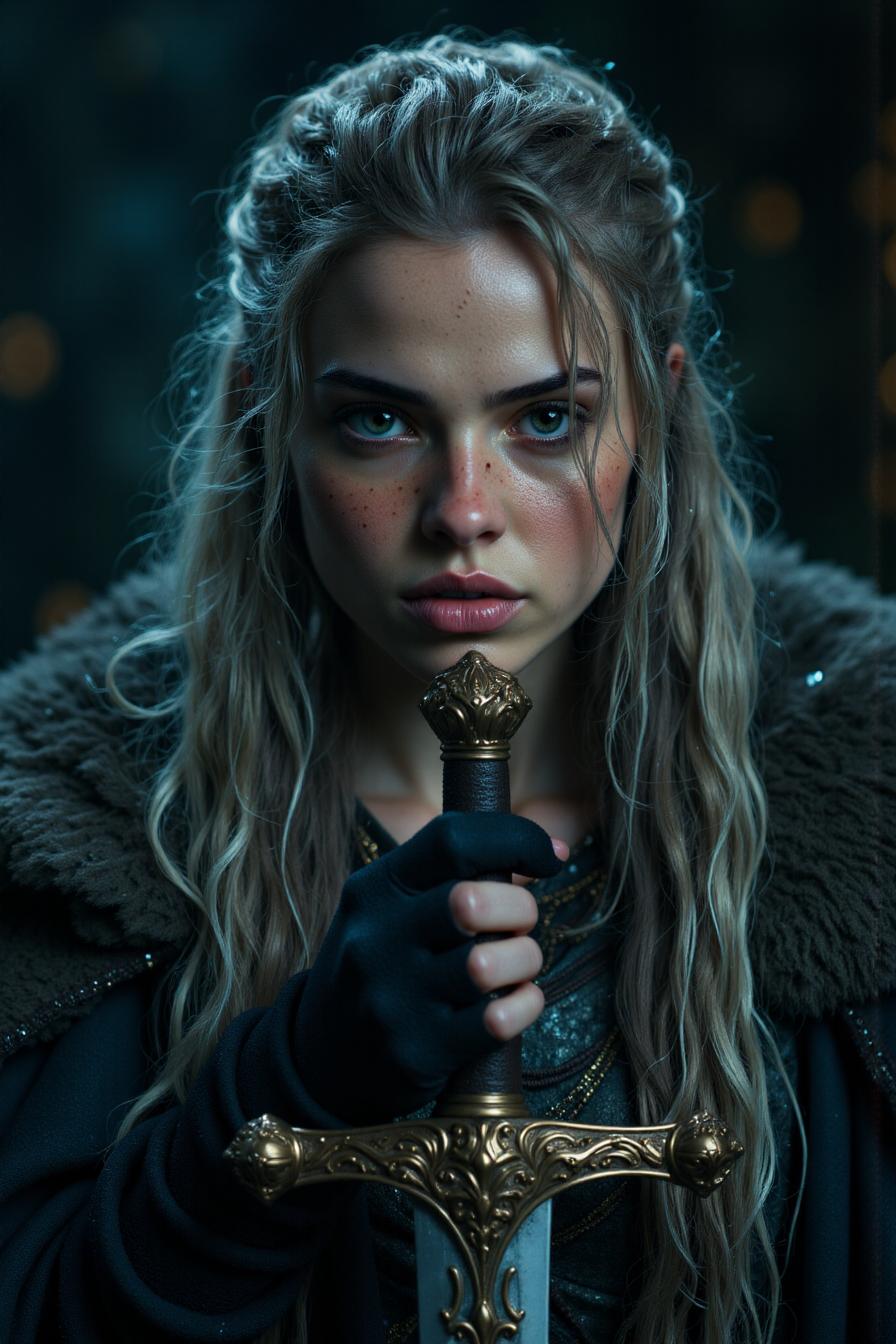 A super close-up shot of a captivating female warrior holding a beautifully ornate sword, set against a dark, moody background that evokes a sense of mystery and tension. The aesthetic leans towards hyperrealism, showcasing every detail, from the intricate designs on the swords hilt to the shimmering droplets of water that cling to it. She has freckles. The warrior's long, flowing hair appears ethereal, illuminated by faint, cool tones of blue and silver, contrasting beautifully with the darker elements of the background. Soft, diffused lighting enhances the scene, creating an atmospheric ambience filled with shadows and highlights. Hints of deep reds and metallic golds add richness to the overall composition. The setting suggests a mystical realm, possibly a forest or ancient battleground, shrouded in mist, conveying an epic and timeless feel.