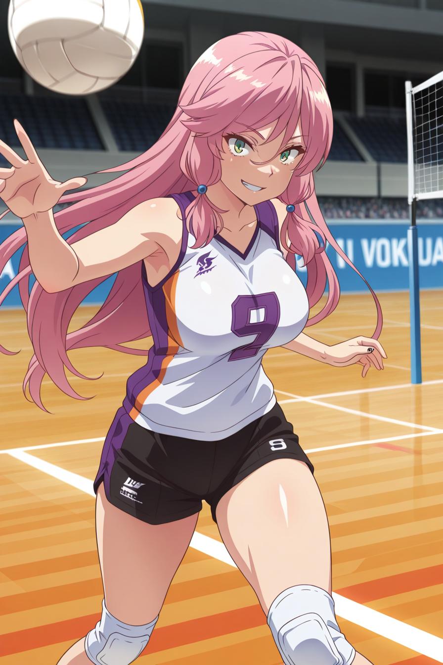 volleyball player, indoor volleyball court, tank top volleyball jersey, shorts, smiling, action pose, net, ball, athletic wear
