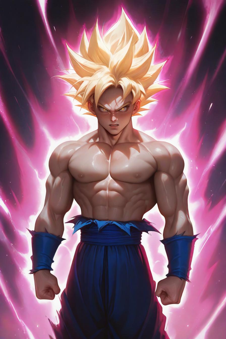 1boy,Powerful Goku, Super Saiyan form, vibrant energy aura, intense expression