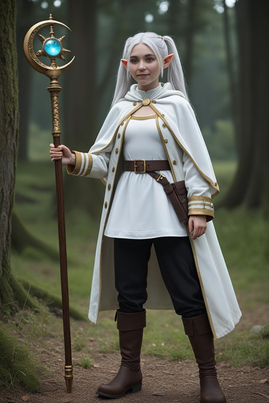 1girl, age 25, frieren, young, petite, pretty face, beautiful, double ponytail, white hair, holding wand, medieval warrior, arcane armor, black leather straps, gold buckles, white capelet, white jacket, gold trim, black pantyhose, comfortable boots, determined expression, grim smile, purple-blue eyes, dirty skin, outdoors, forest background, cinematic, photorealistic, 4K, amazing color depth, vivid contrast, masterpiece, vivacious, dynamic pose, action pose