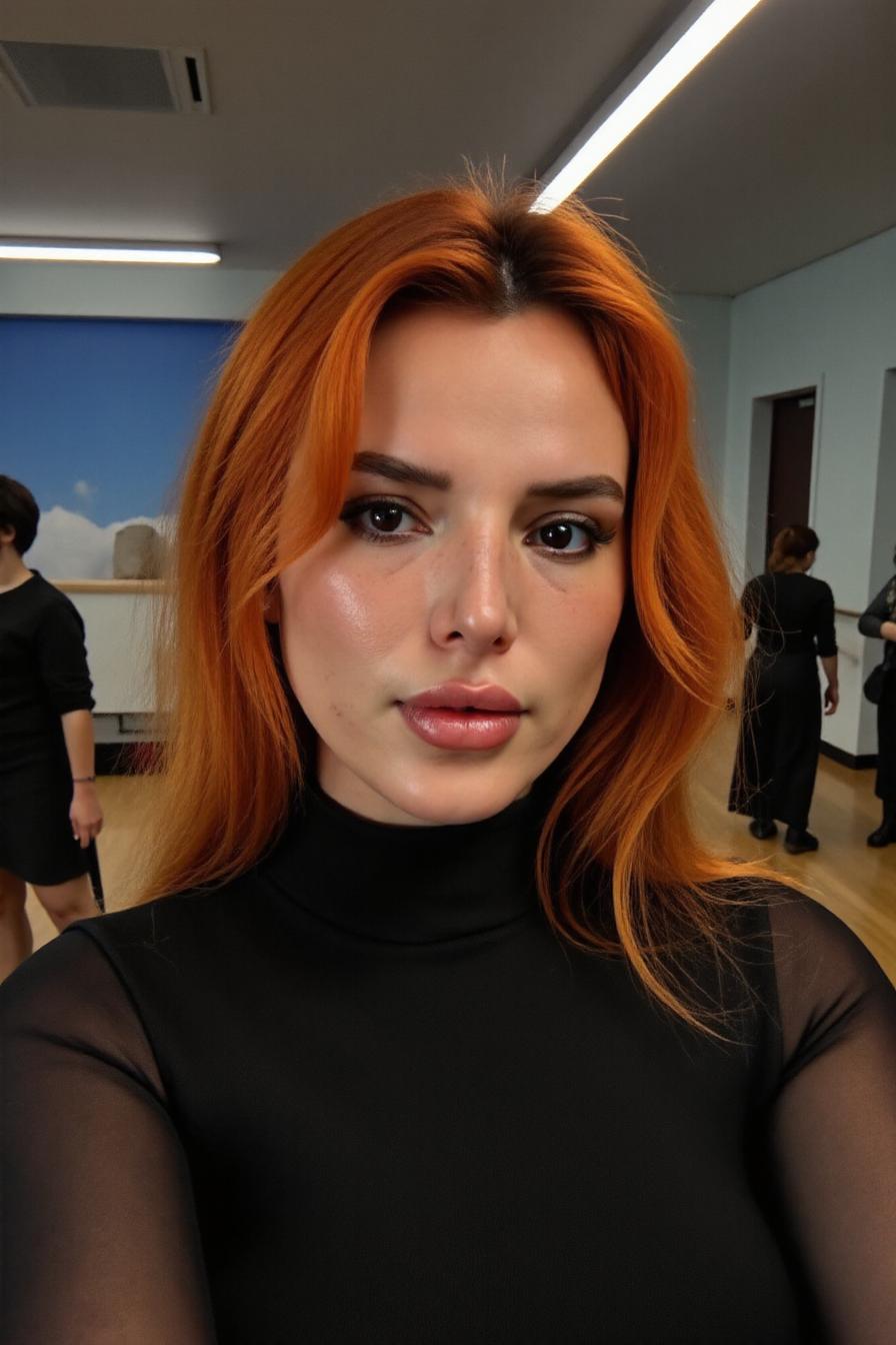 a gorgeous woman taking a selfie in a dance studio, wearing turtleneck gown, closeup