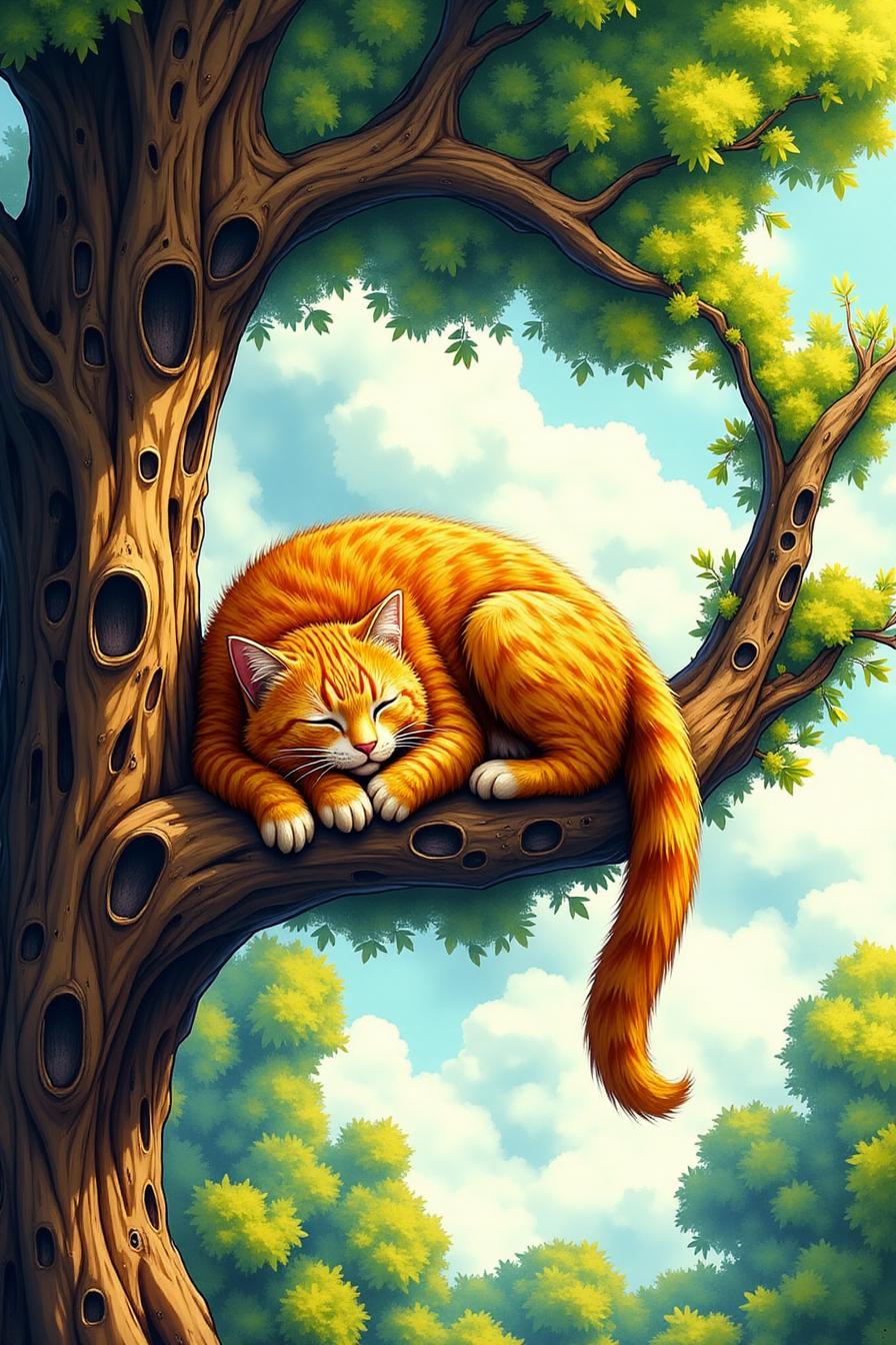 an orange tabbycat sleeps peacefully on a hanging tree branch