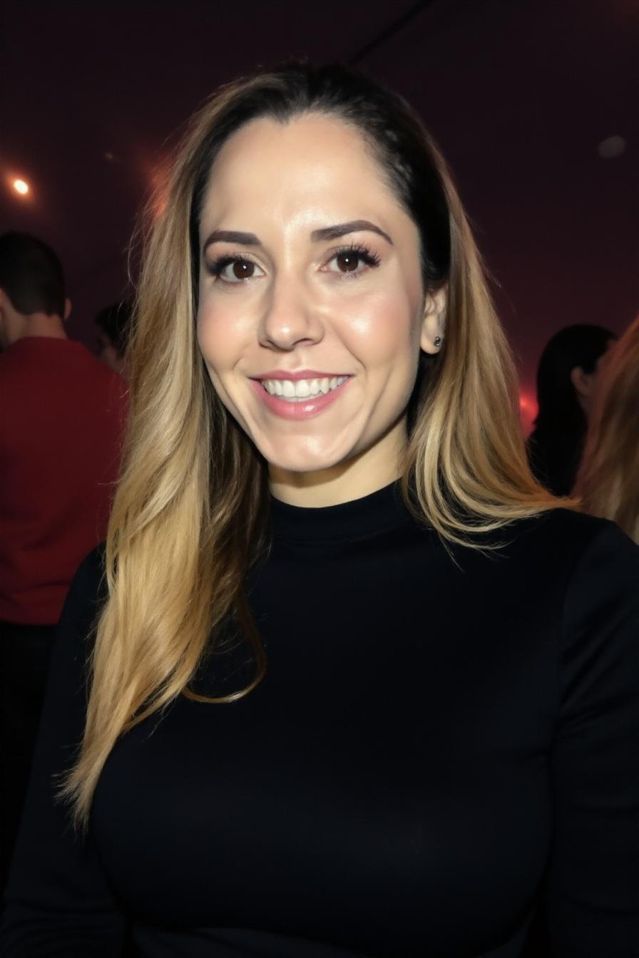 Portrait photo of woman, black turtleneck blouse, in a night club, makeup, smile