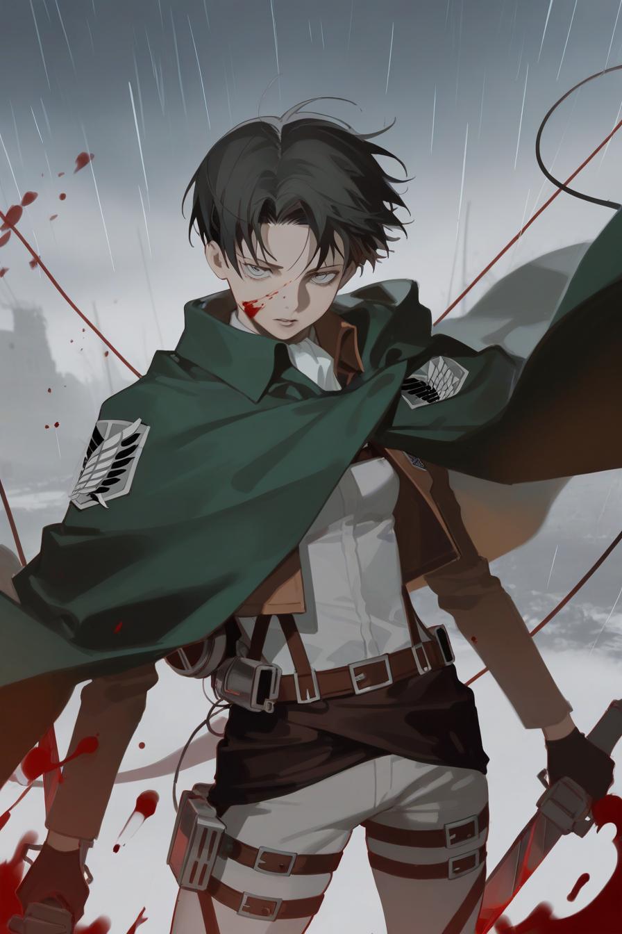 Levi Ackerman (Attack on Titan), black undercut, sharp grey eyes, blood splatter on face, Survey Corps cape billowing, dual blades drawn, ODM gear straps, Titan forest background, dramatic shadows, rain effects