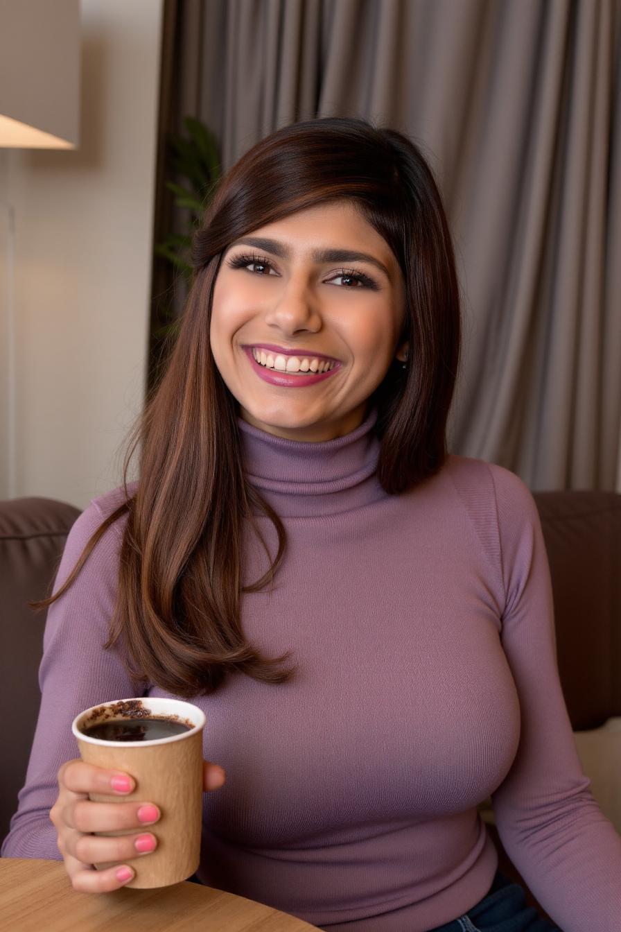 realistic photo of, 1girl, solo, miakhalifa, wearing a fitted turtle neck sweater, large breasts, sitting in a cafe holding a coffee, looking at the viewer, smiling