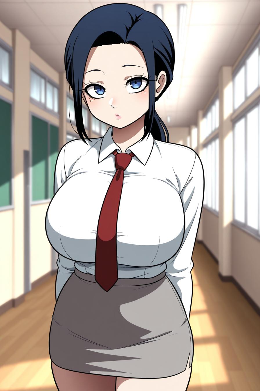 1girl, solo, huge breasts, school, hallway, inside, (blurry background:1.1), cowboy shot, looking at viewer, long hair, low ponytail,  red necktie, white shirt, collared shirt, long sleeves, grey skirt, pencil skirt, miniskirt, masterpiece, best quality, amazing quality