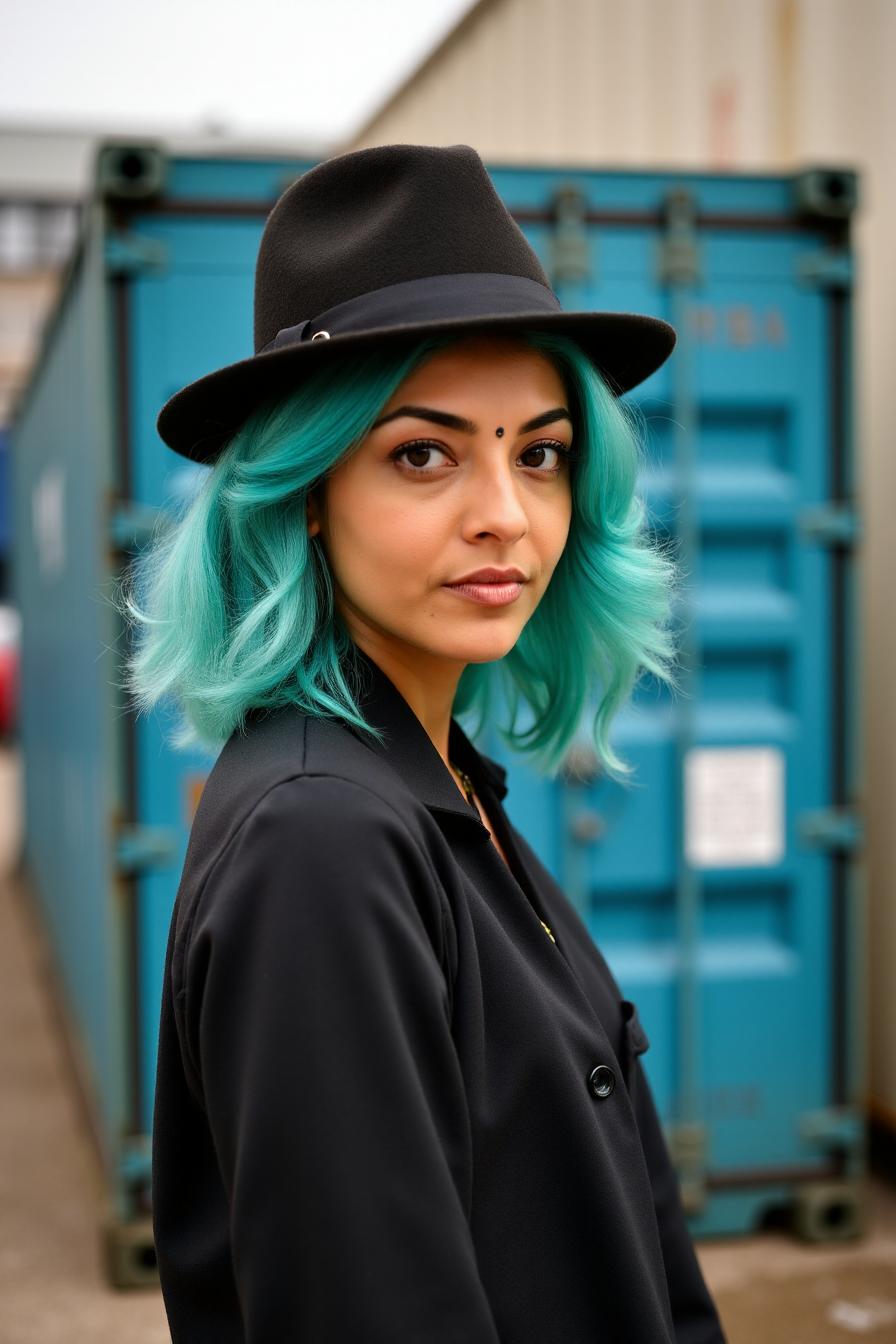 a woman with dyed blue hair wearing a fedora standing in front of a shipping container