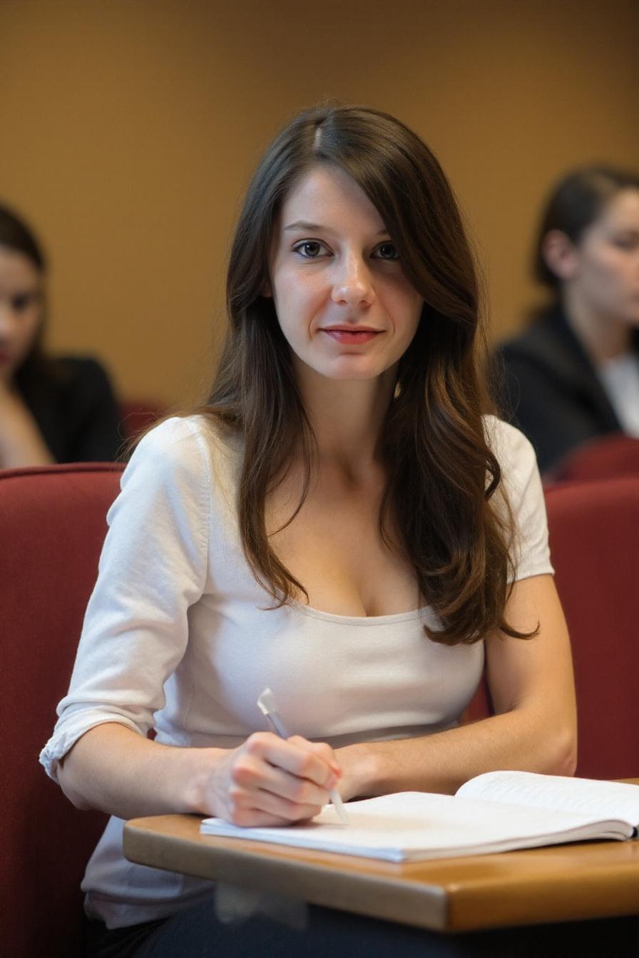 a beautiful brunette college student sitting in a lecture hall taking notes alone