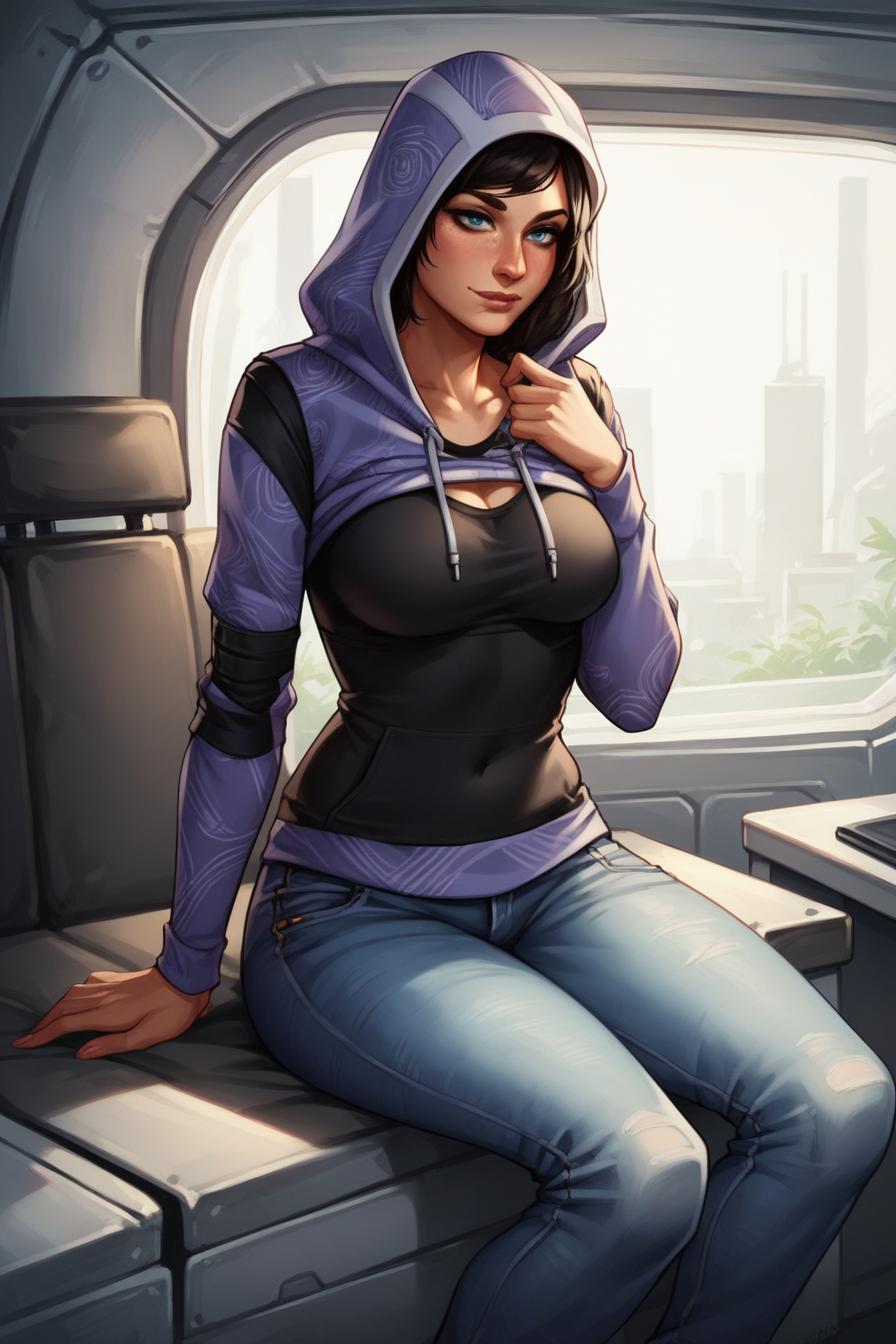 1girl, alien, college student, hoodie, jeans, sitting, 