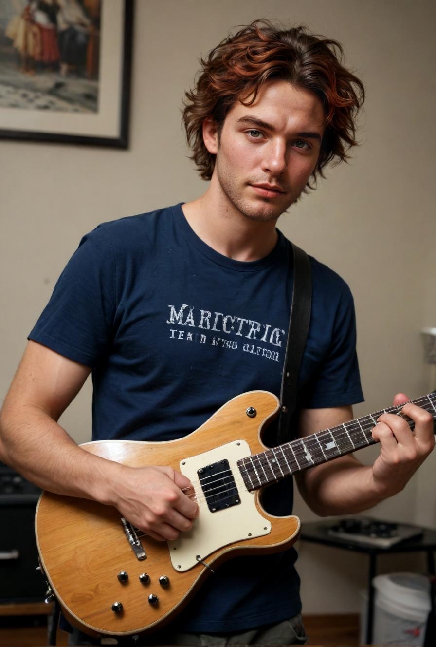 A handsome young guy with messy red hair playing guitar