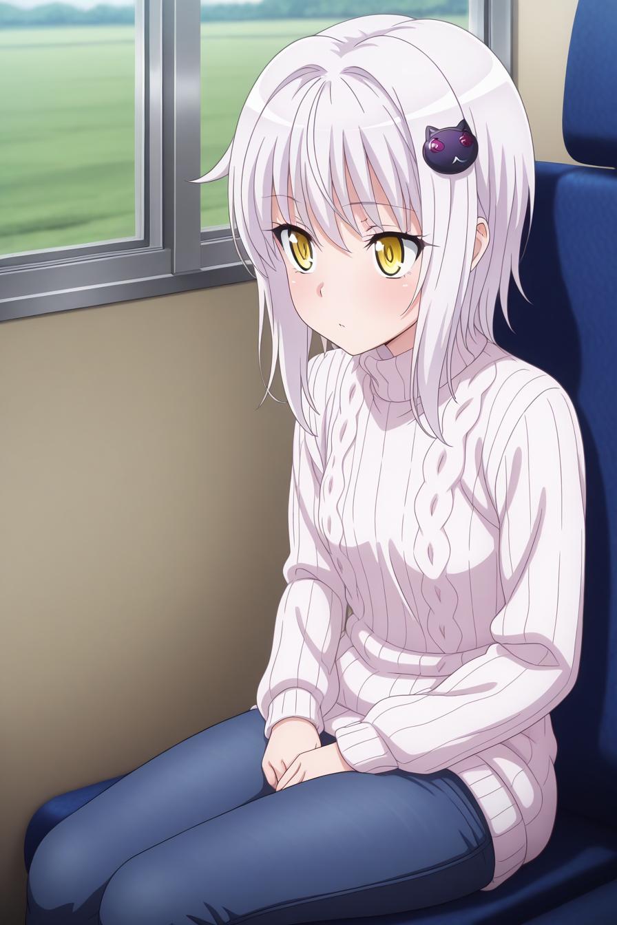 toujou koneko, short hair, silver hair, cat hair ornament, hair ornament, yellow eyes, turtleneck sweater, jeans, sitting in bus
