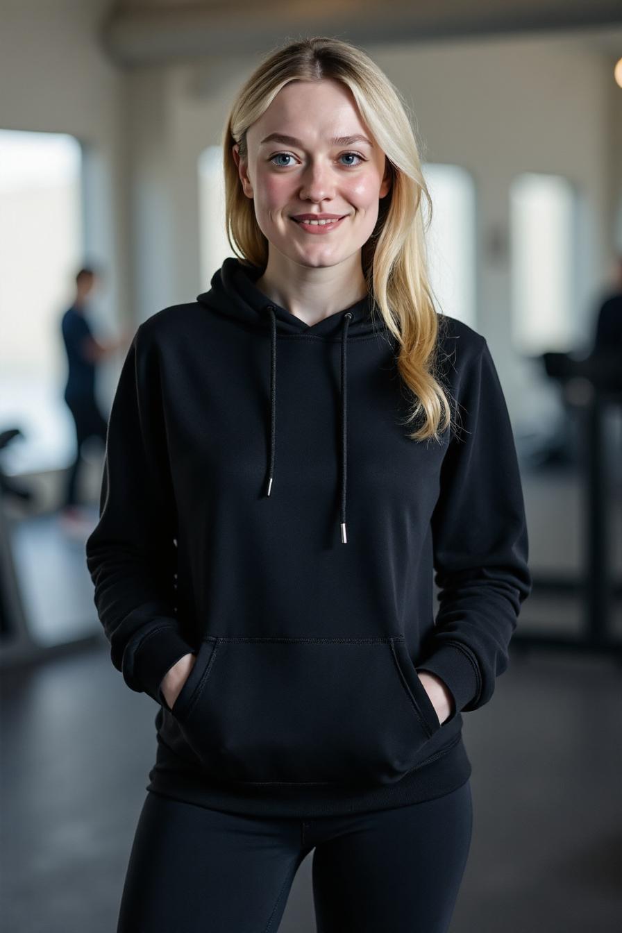 an athletic blonde woman, strong build, yoga pants, black hoodie, gym, smiling