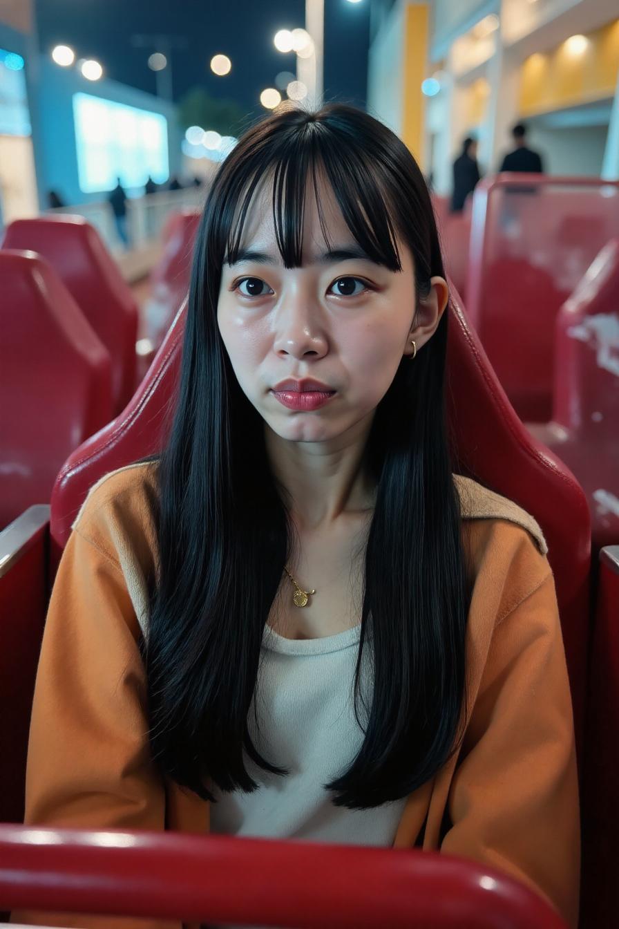 a realistic photo of a stressed woman with long black hair sitting in a roller coaster seat