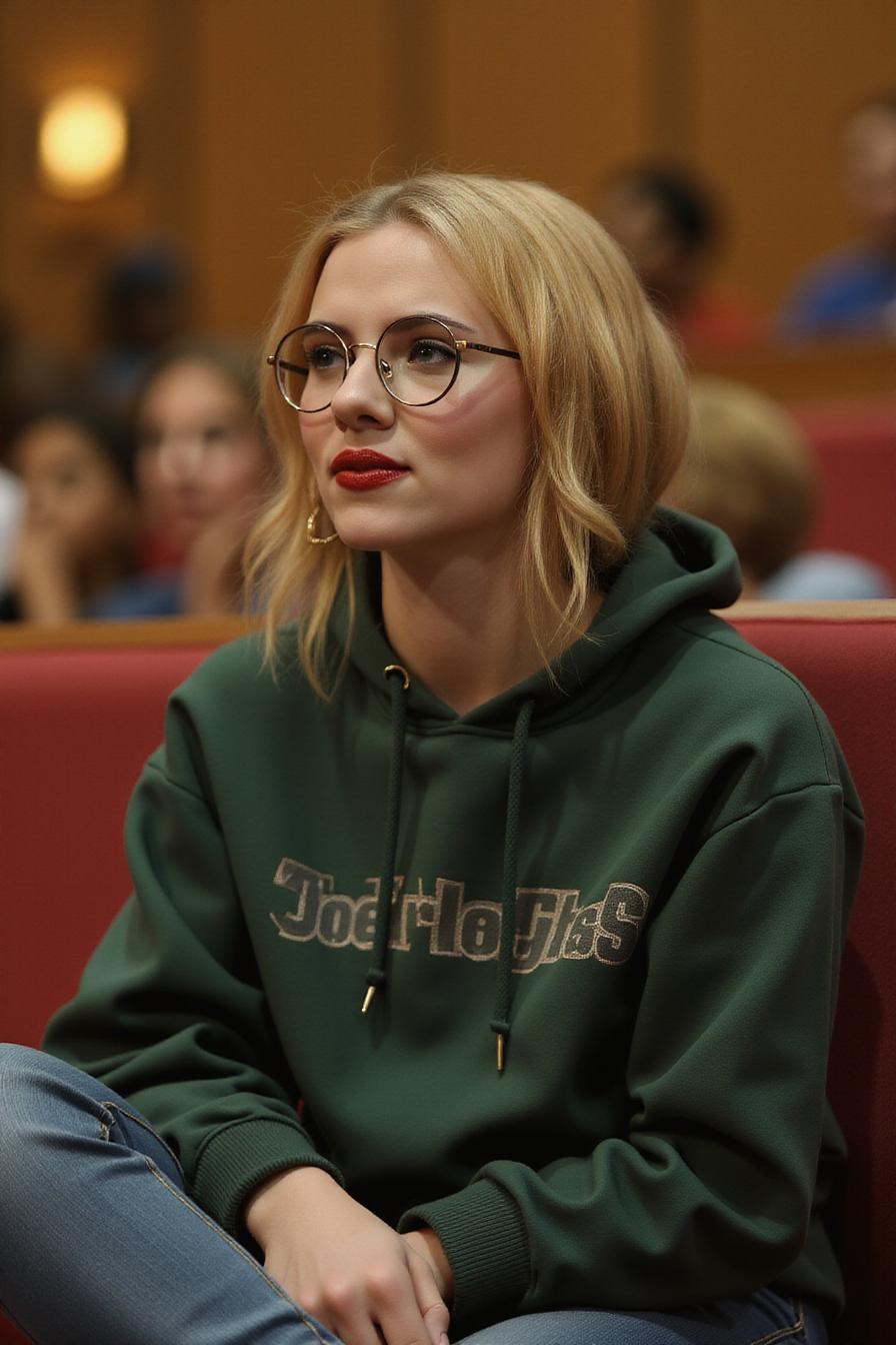 scarlett johansson as an 18 year old college student wearing a hoodie and tight jeans. She has straight, medium blonde hair and is wearing round nerdy glasses. She sits in a lecture hall