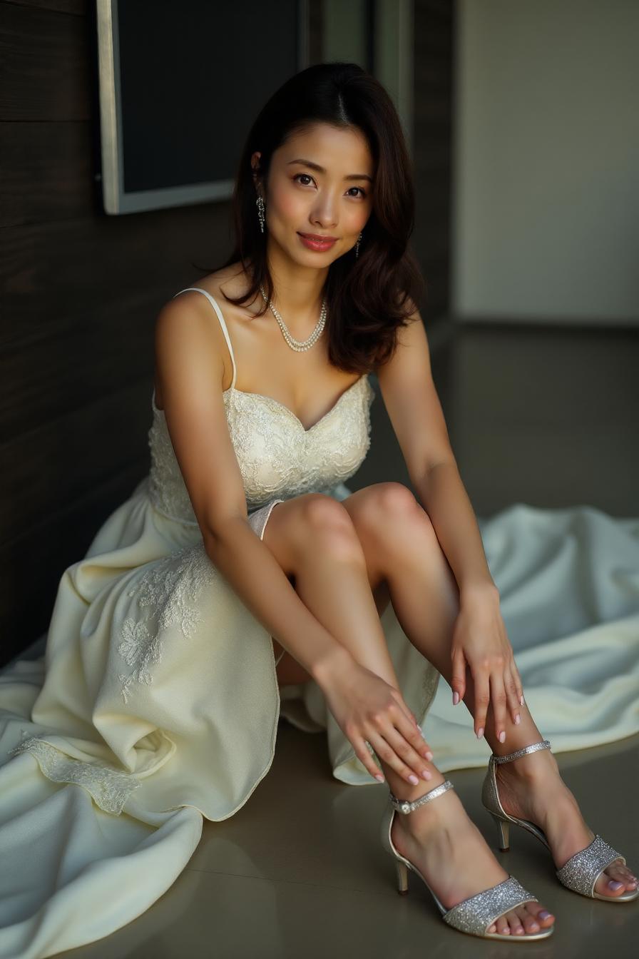 a woman wearing a ballroom gown sitting barefoot on the ground. she's holding her high heels in her hands