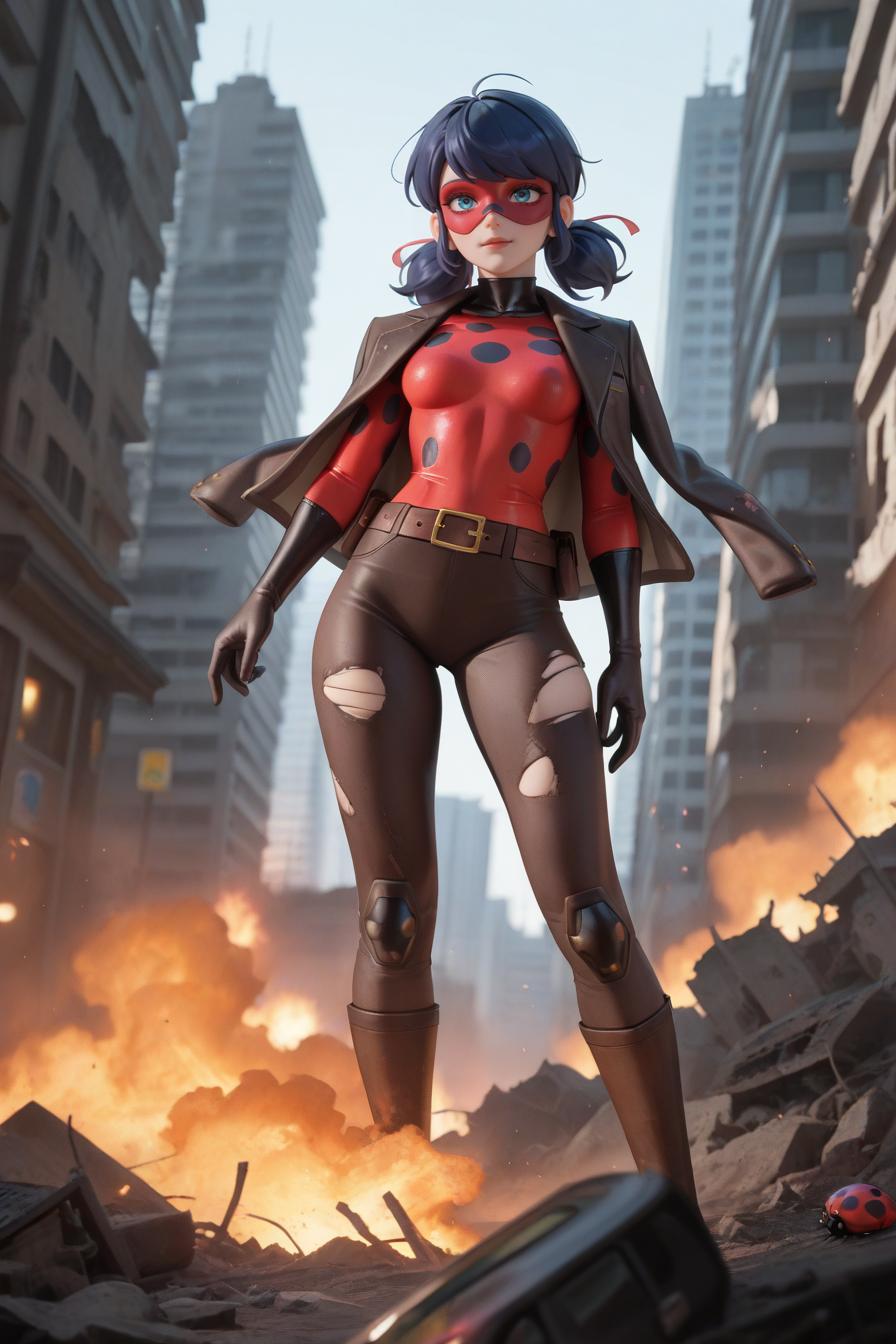 Marinette Dupain-Cheng, Ladybug, superhero, torn and frayed edges on suit, drenched in blood, standing amidst post-apocalyptic cityscape, destroyed buildings, burning cars