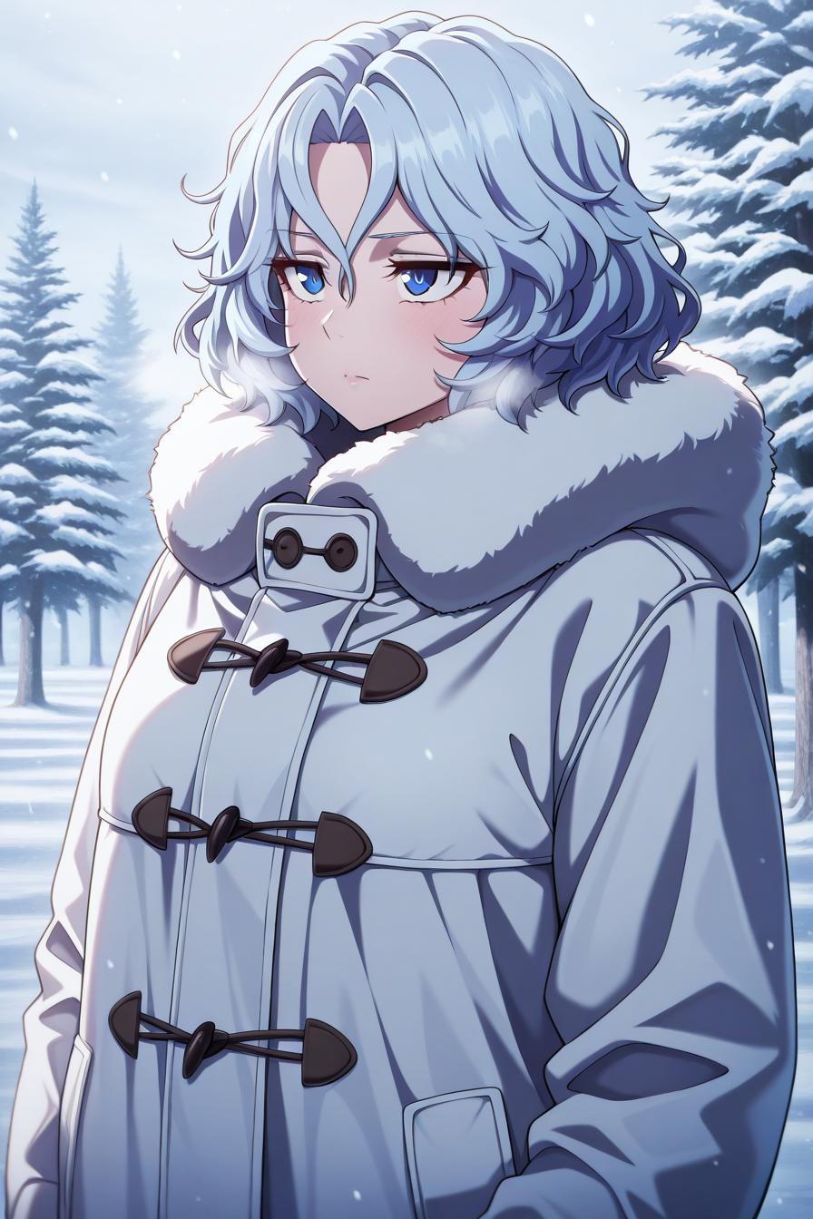 1girl solo, puffer coat, snowing, antarctica