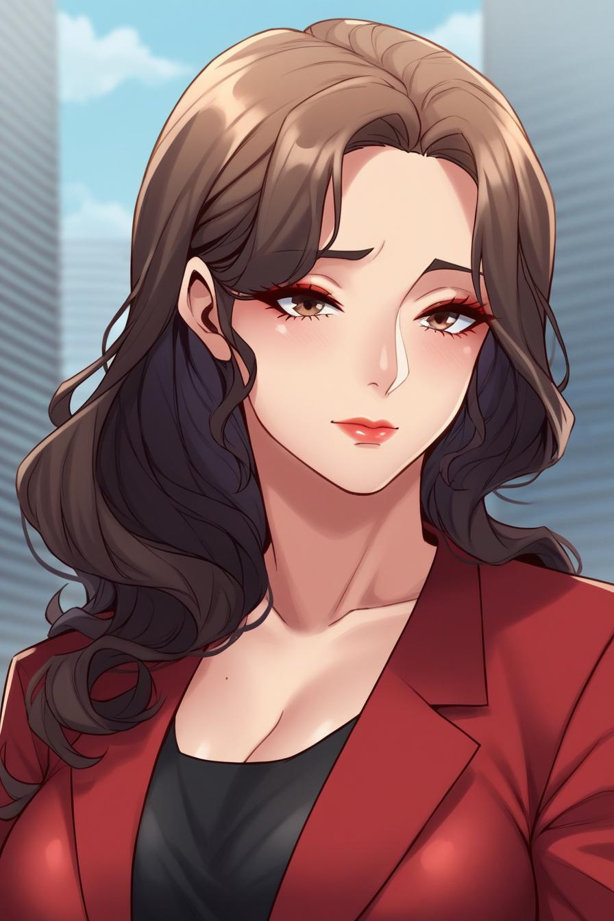 office lady, red jacket, office, portrait