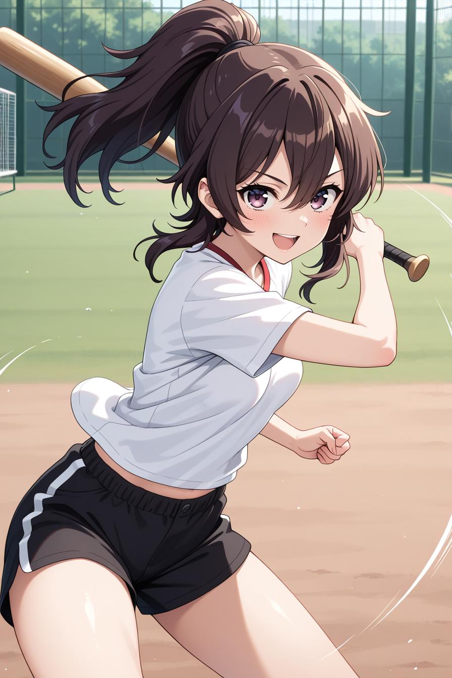 1girl, solo, hair between eyes, high ponytail,  black shorts, white shirt, midriff peek,  swinging weapon, baseball bat, swinging, smile, open mouth, blush, motion lines, motion blur, pov, standing, action pose, looking at viewer,  batting stance, baseball net, baseball cage,  (Beautiful, small Breasts:1.2),
