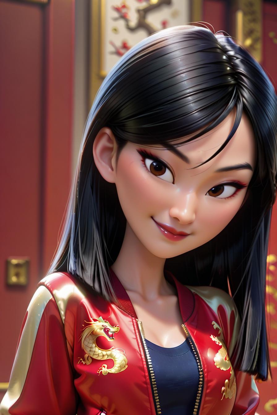 red jacket, mulan, A woman with long black hair wearing a red and gold jacket, smiling at the viewer, 1girl, solo, long hair, looking at viewer, smile, brown eyes, closed mouth, upper body, parted lips, indoors, blunt bangs, zipper, red jacket, realistic, open jacket,   