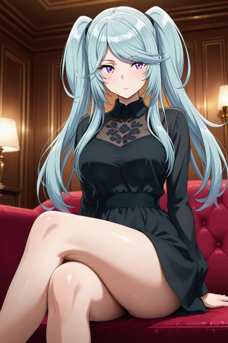 1girl, solo, black dress, collared dress, long sleeves, luxury penthouse, sitting, legs crossed