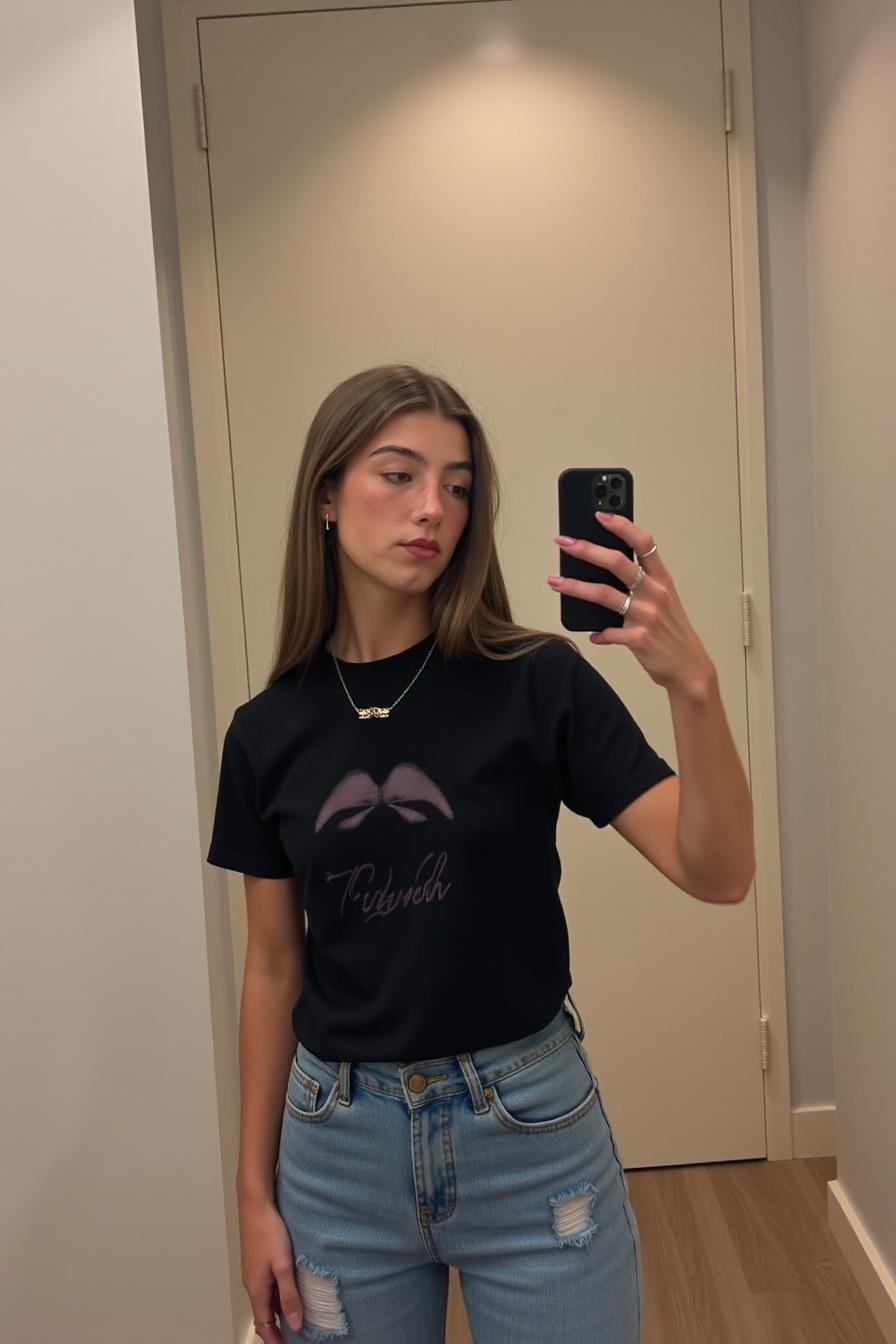 a tiktok influencer taking a selfie, wearing a tshirt and jeans