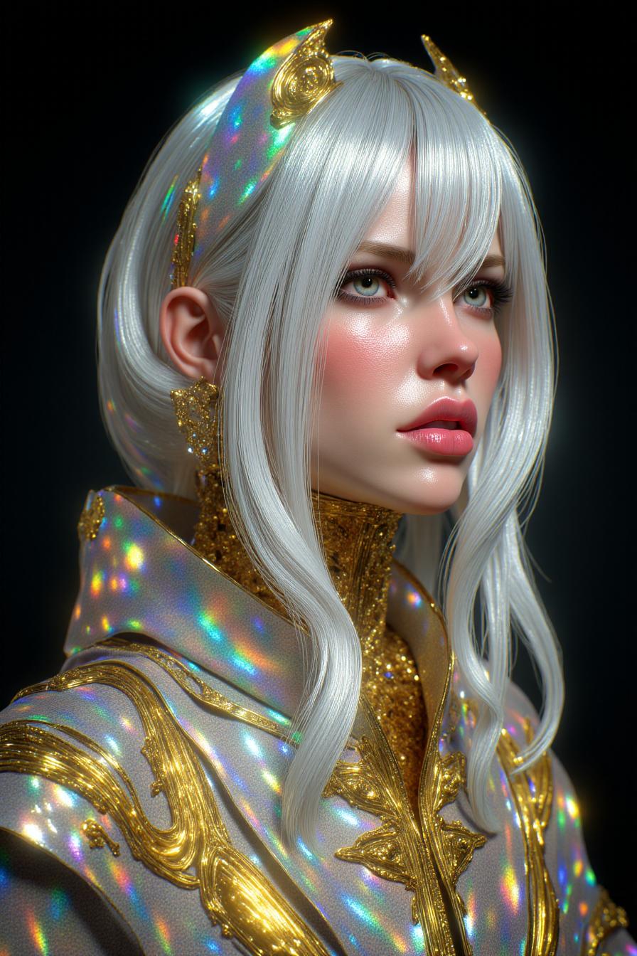 a striking, ethereal female figure with long, white, iridescent hair that reflects a spectrum of rainbow colors. Her pale skin contrasts with her vibrant, metallic gold outfit, which also reflects light in a spectrum of colors. She has large, luminous, white eyes with a slightly unsettling, empty gaze. Gold, geometric, jewel-like ornaments adorn her face and neck, adding a futuristic, otherworldly element. The background is solid black, making her radiant appearance stand out. The style is highly detailed and realistic with a fantasy, sci-fi influence, emphasizing a blend of beauty and alienation. The texture of her hair and outfit appears glossy and smooth.