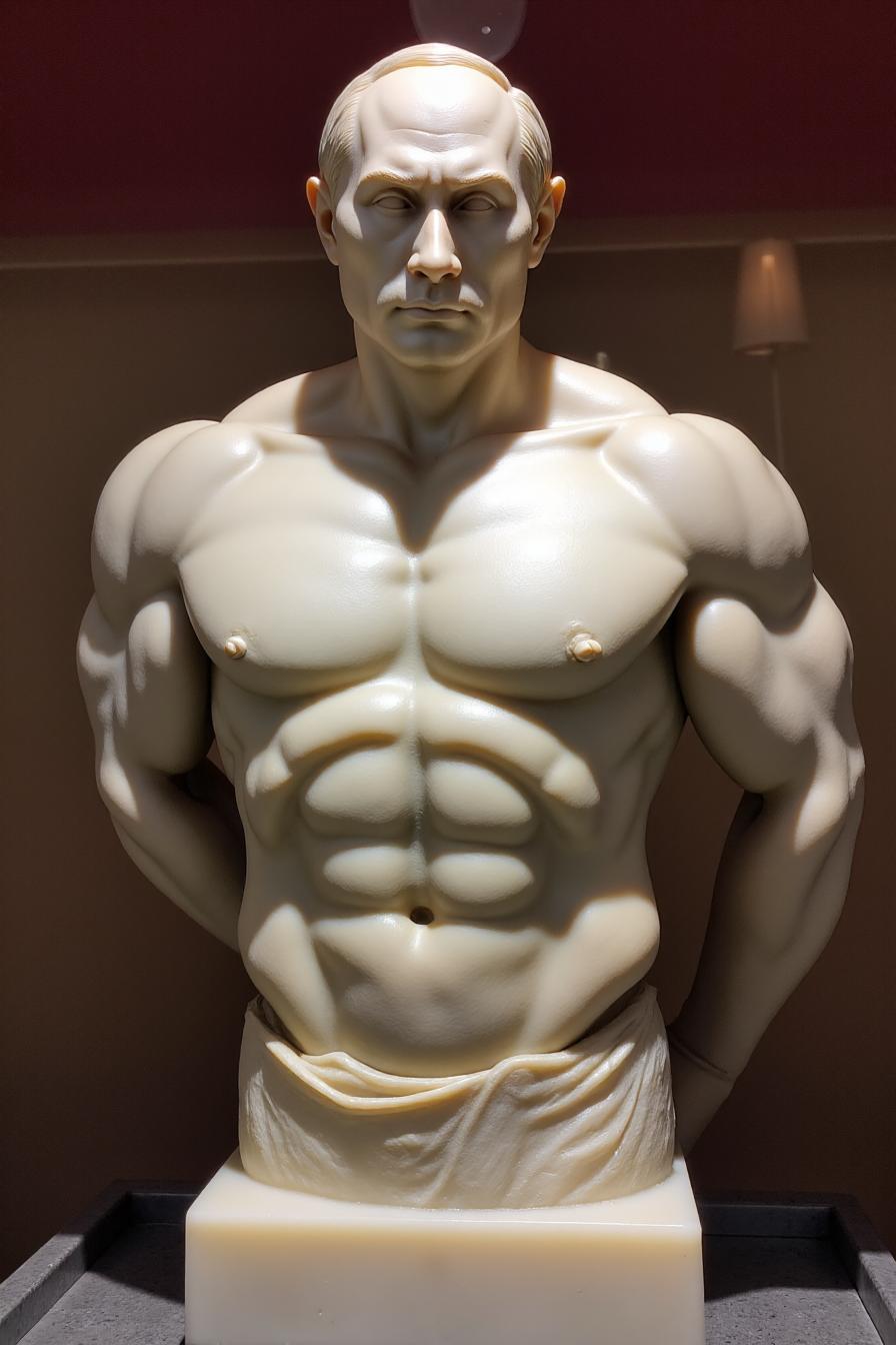 marble sculpture of vladimir putin with large rippling muscles flexxing, on display in museum