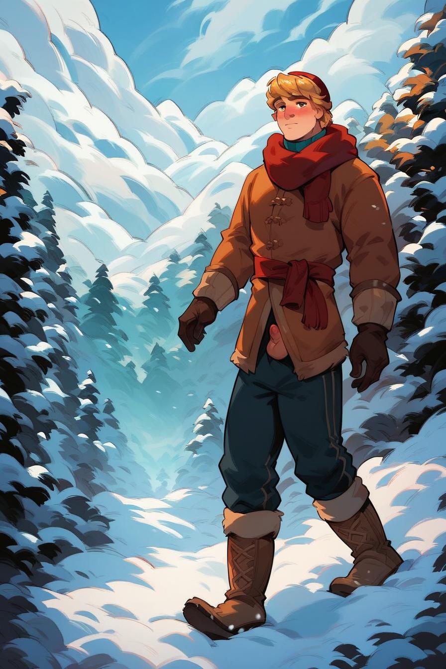 1boy, solo, Kristoff(blonde hair, hazel eyes, muscular), kristoff native outfit, (((snow, snowy background, snowy mountains, winter forest)))