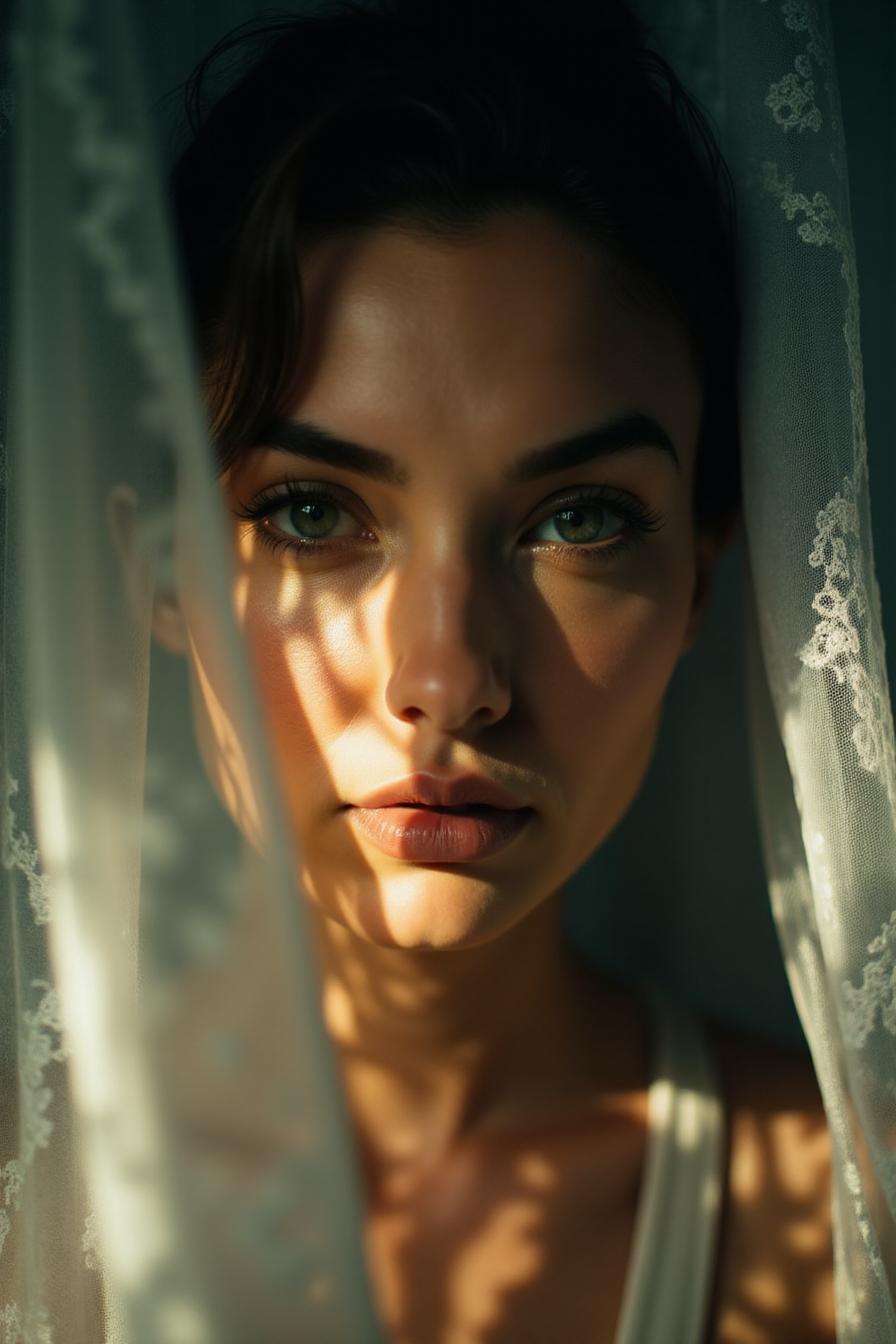 The image is a photograph of a young woman with striking features, captured in a moody, intimate setting. The photograph focuses on her face, which is partially obscured by a sheer, delicate curtain or veil that casts intricate, shadowy patterns across her skin. The veil is a soft, almost translucent white fabric with subtle lace-like details.  Her skin has a warm, slightly golden undertone, and she has expressive, almond-shaped green eyes that are partially visible through the veil. Her eyebrows are well-groomed, and she has a subtle, natural makeup look with a touch of mascara enhancing her lashes.