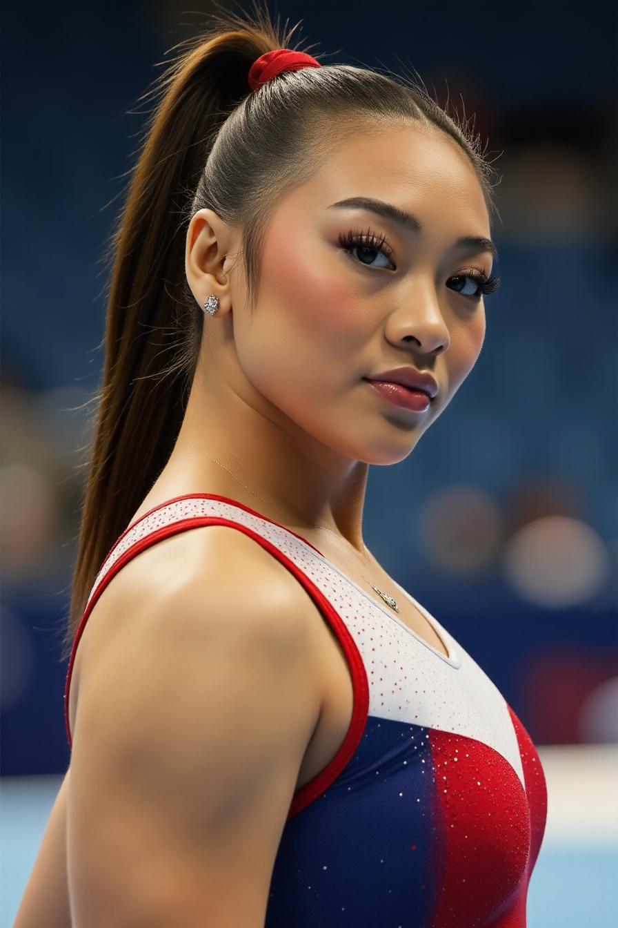 a gymnast wearing a red hair tie and red white and blue latex gym uniform, looking at viewer
