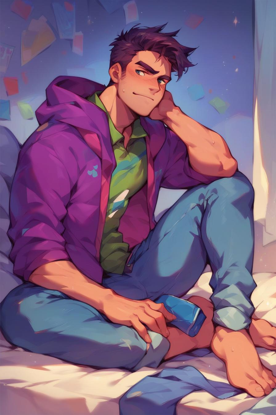 shane, hoodie, jeans, sitting, bedroom