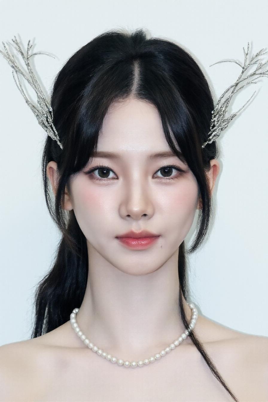 The image depicts a young korean woman with sleek, dark hair wearing an intricate and avant-garde headpiece. The headpiece is made of delicate, metallic structures resembling abstract butterfly wings or branches, framing her face with an artistic, futuristic flair. Her expression is soft yet confident, and her makeup emphasizes her eyes with long lashes and a subtle lip color, giving her a refined and elegant appearance. She also wears a pearl necklace, adding a touch of classic sophistication that contrasts with the modern, almost ethereal design of the headpiece