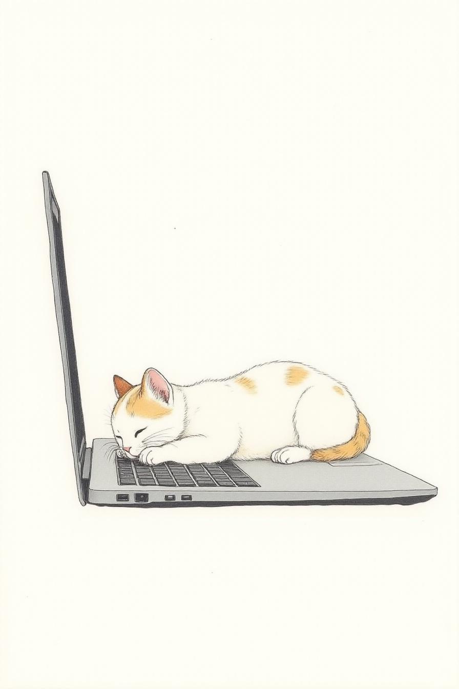 a cute tabby cat sleeping on the keyboard of a laptop computer. The background is white and featureless.